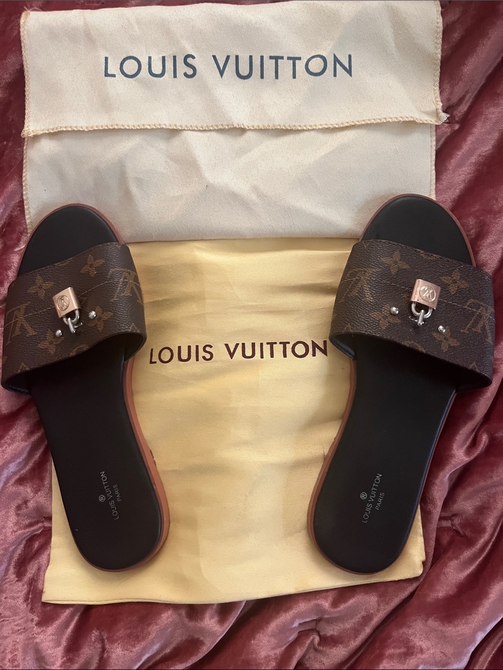 Louis Vuitton Brown Monogram Leather Slide Sandals with Gold Hardware